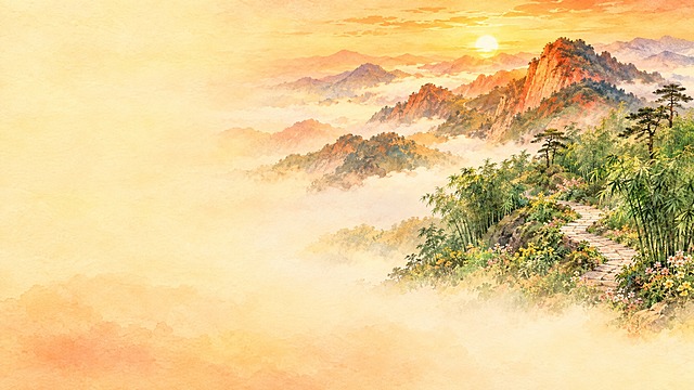 暖色调井冈山风景背景，清晨金色阳光洒在连绵的山峦上，山间有蜿蜒的石板小路，路边有翠绿的竹林和盛开的野花，远处云雾缭绕，整体暖黄橙红色调，温暖明亮大气，水彩国画风格，画面左侧和下方留有大面积空白区域适合放置文字，小学语文课件背景风格，高清细腻，无人物无文字