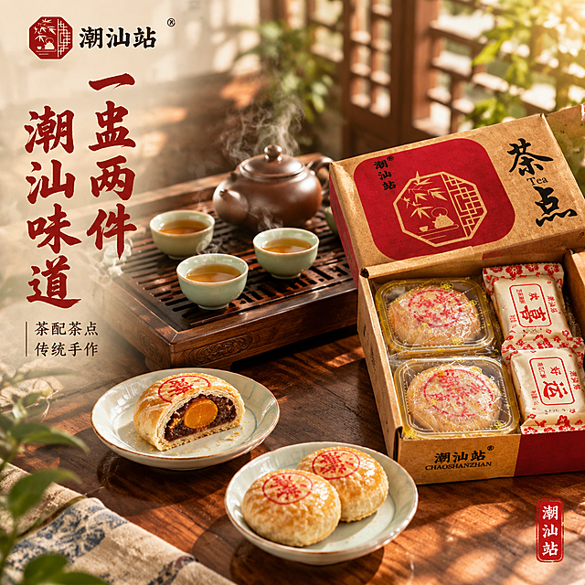 [主图-5] 潮汕茶点搭配功夫茶的生活场景图，营造下午茶悠闲氛围，传递传统茶文化与茶点的完美搭配。
[统一基调] 整体暖调国风，背景为中式茶桌+柔和自然光，主色调为木色+青瓷色+金黄+中国红，字体为粗笔书法体搭配细黑体，营造传统潮汕茶点的古朴质感。
[画面] 中式红木茶桌上，摆放一套潮汕功夫茶具（紫砂茶壶+3个小茶杯+茶盘），茶杯中有琥珀色的茶水冒着热气。茶盘旁边放着打开的潮汕站茶点礼盒，礼盒内有朥饼和酥饼。茶桌上还单独放了一块切开的朥饼（露出蛋黄乌豆沙馅）和两块酥饼在白瓷小碟中。背景是虚化的中式窗格和绿植，自然光从窗外斜射进来，在桌面上形成柔和光斑。整体氛围温馨悠闲，体现潮汕下午茶的生活方式。画面视角为45度俯视，茶桌占画面约80%。
[光影质感] 窗外自然光从右侧斜射，暖调柔和，茶具表面有温润反光，茶点酥皮金黄油亮，茶水有通透光泽，桌面有自然光影变化，生活方式摄影质感，温暖治愈。
[配色] 背景木色+暖白窗光，主体紫砂棕+青瓷色+茶汤琥珀色+茶点金黄+红色包装点缀，整体雅致温暖。
[文字版式] 左上角"潮汕站"品牌小Logo。左侧竖排主标题"一盅两件 潮汕味道"粗笔书法体深红色，下方小字"茶配茶点 传统手作"细黑体深棕色。右下角有红色印章式标"潮汕站"。
[输出要求] 1:1正方形，2048px，文字清晰可读，场景自然真实，产品外观与参考图一致。禁止变形、错字、模糊、杂乱、水印、平台Logo。