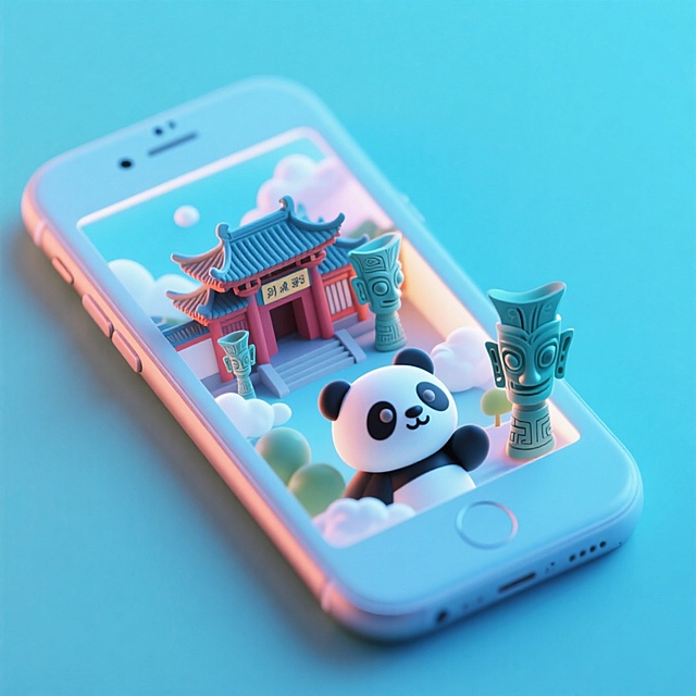 软3D风格手机屏中，萌趣熊猫跃出屏幕，中式古建筑与青铜器环绕，梦幻光影交织，融合可爱、卡通与科技感，呈现微缩艺术之美。