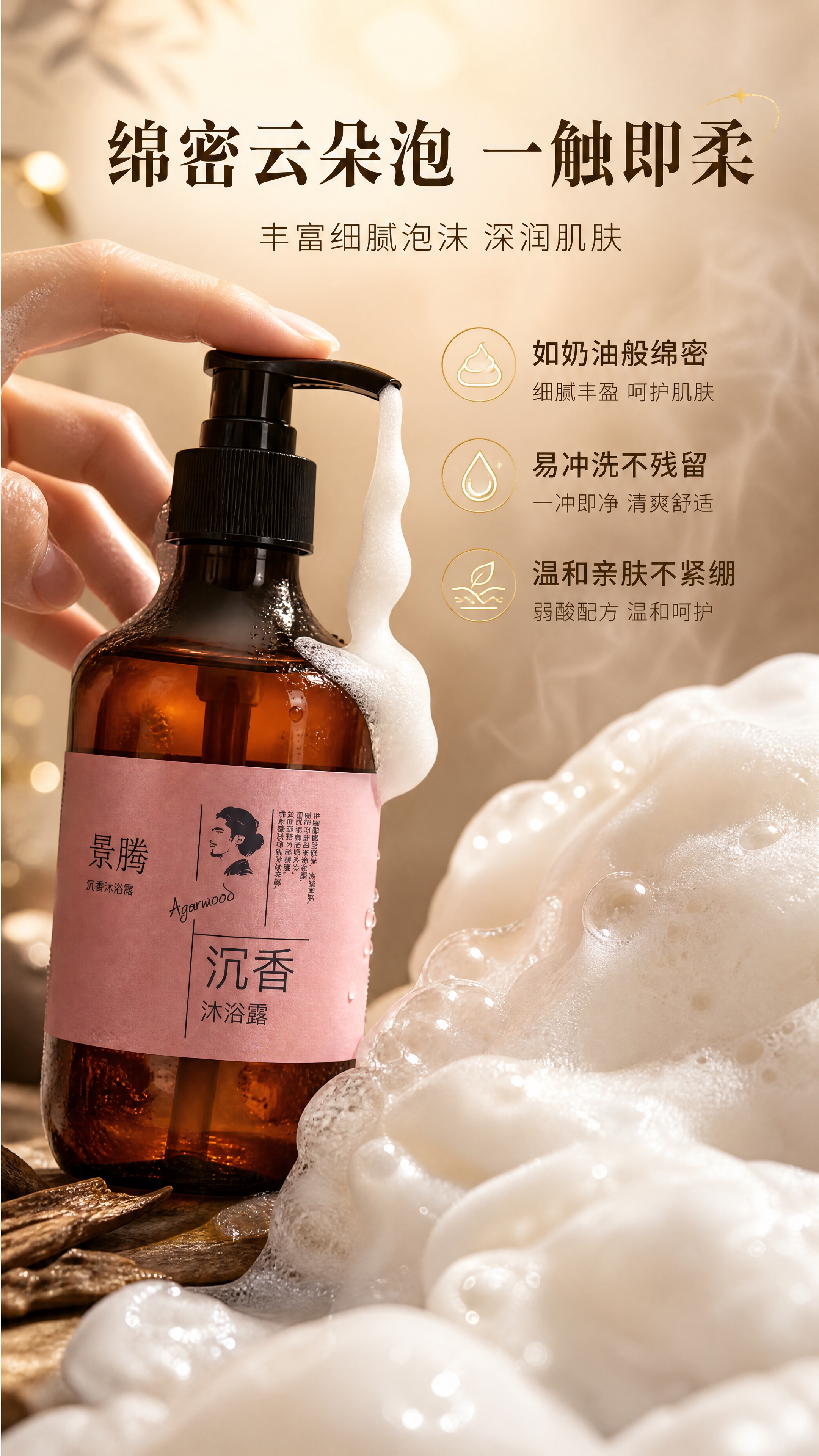 [商品] 使用【图1】景腾沉香沐浴露；保留琥珀棕瓶身、黑色泵头… - 图片创意预览