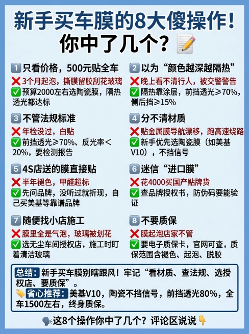 浅蓝色背景3:4比例的简单图文，上方标题文字是"新手买车膜的8大傻操作！你中了几个？📝"，下方排列8条内容和总结、推荐，完整文案：1️⃣ 只看价格，500元贴全车 ❌ 3个月起泡，撕膜留胶刮花玻璃预览效果