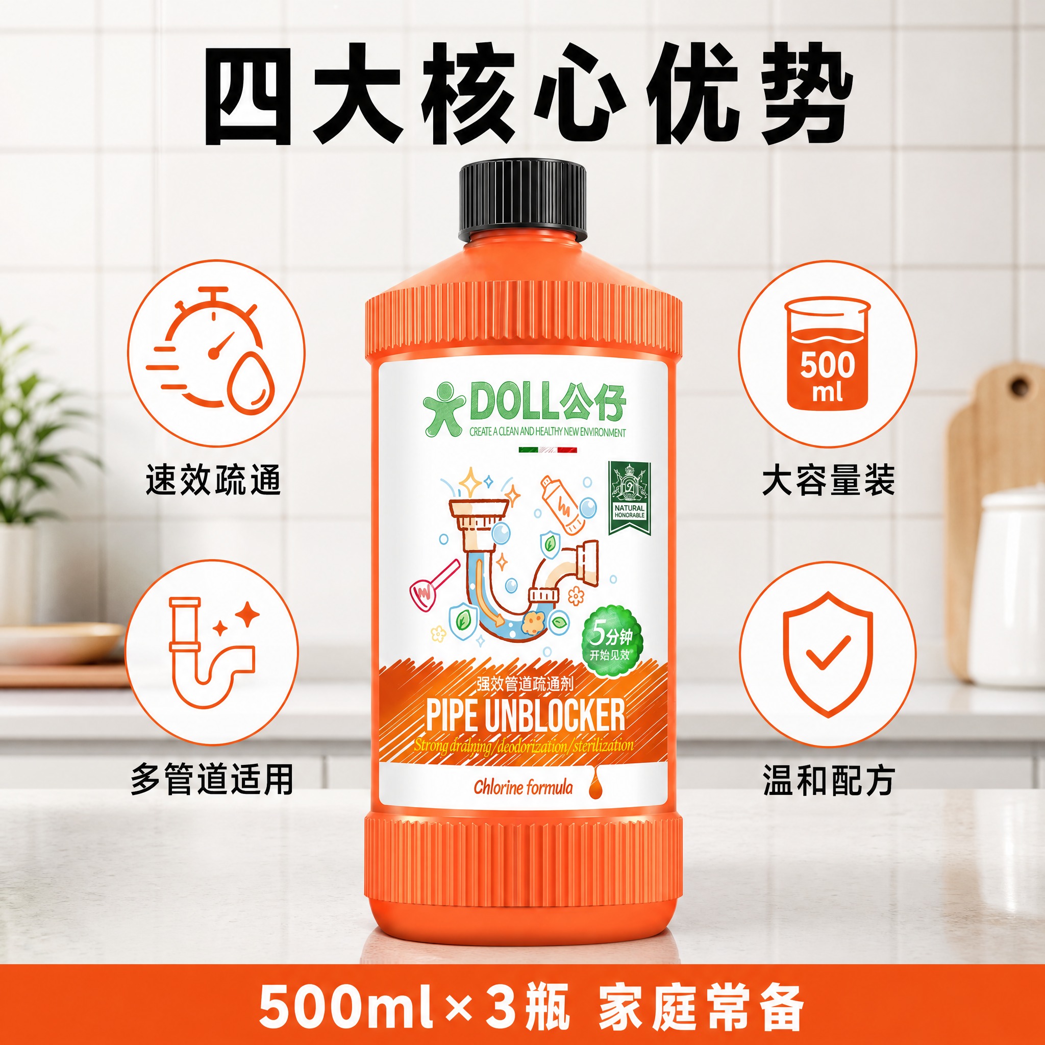 [主图-2] 橙色瓶装管道清洁产品 核心亮点导图。 [氛围风格… - 图片创意预览