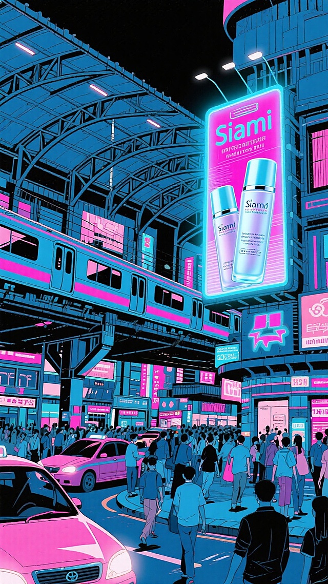 曼谷，车水马龙，siam车站，醒目的护肤品广告牌，赛博朋克感配色