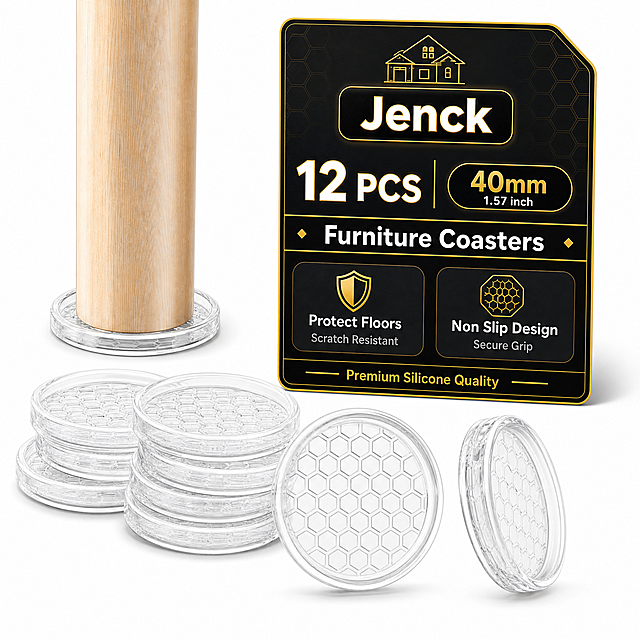 [Amazon主图 黑金配色 12PCS 40mm] Jenck品牌透明硅胶家具脚垫（Furniture Coasters）12pcs装，直径40mm。整体构图：左上方家具腿使用场景，右侧后方竖版黑金配色包装卡片，卡片前方和下方是产品展示。纯白背景。

[左侧使用场景]
画面左上方直接展示一根较细的浅色原木圆柱形家具腿（适配40mm小尺寸），稳稳放置在一片小尺寸透明硅胶脚垫上，纯白背景无任何裁切或边框，纯实物展示。

[包装卡片 - 黑金高端配色]
- 尺寸：与竞品包装卡大小相当，约占画面右侧40%宽度，高度约占画面70%
- 配色：深邃炭黑色渐变主色 + 金色文字/装饰线 + 白色主标题，高端奢华
- 卡片形状：顶部右上角小切角，竖长方形，边缘细微圆角和极细金色描边
- 卡片排版（从上到下）：
  1. 【顶部品牌区】金色线条房屋图标 + 黑色圆角矩形底（金色内描边）+ 白色粗体 "Jenck"
  2. 【数量+规格 左右并排】中间细金色竖线分隔，左右大小均匀：
     - 左：白色粗体 "12 PCS"，数字12有细微金色描边
     - 右：黑底金边圆角胶囊 + 金色粗体 "40mm" + 下方白色小字 "1.57 inch"
  3. 【品类标题条】黑色横条（金色上下边线）+ 白色粗体 "Furniture Coasters" 居中
  4. 【卖点展示区】两个并排圆角卖点卡，深灰黑底+金色图标+白标题+灰小字：
     - 左：金色盾牌图标 + "Protect Floors" + "Scratch Resistant"
     - 右：金色防滑图标 + "Non Slip Design" + "Secure Grip"
  5. 【底部品质条】黑色底通栏 + 金色小字 "Premium Silicone Quality" 居中
- 卡片背景有极淡金色六边形暗纹，增加质感

[产品摆放]
卡片前方下方摆放产品：前景一片正面朝上（六边形纹路），一片侧立展示围边，后方堆叠5-6片，两叠错落，整体体现12片更多的数量感，脚垫尺寸较小（40mm）。

[产品外观] 圆形透明硅胶脚垫，带围边，内部六边形蜂窝纹路，底部方格纹路，高透硅胶，7mm侧边围挡。

[背景与光影] 纯白背景，主光左上，透明材质高光清晰，底部柔和阴影。金色有金属光泽。

[比例分辨率] 1:1，2048x2048，2K，文字清晰。

[负向提示词] 蓝色、红色、绿色、沙发图片、圆形裁切、地板背景、数字超大、上下排列、卡片过大、杂乱、悬浮、穿模、变形、模糊、错字、水印、中文、方格纹路内部
