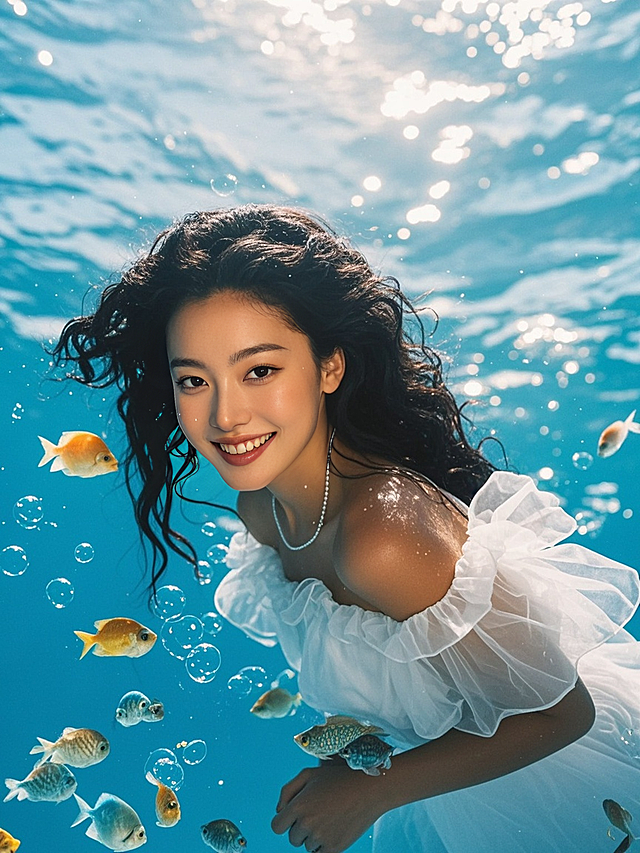 美女，海面，鱼群