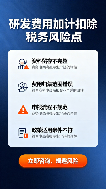 专业商务风格电商海报，背景为沉稳深蓝色渐变，画面上方用加粗白色字体突出大标题“研发费用加计扣除税务风险点”，中间区域分模块用图标搭配文字展示核心风险：“资料留存不完整”“费用归集范围错误”“申报流程不预览效果