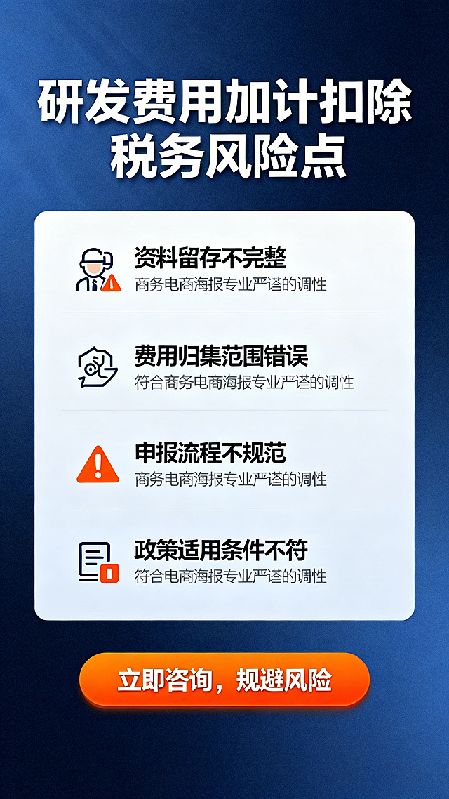 专业商务风格电商海报，背景为沉稳深蓝色渐变，画面上方用加粗白色字体突出大标题“研发费用加计扣除税务风险点”，中间区域分模块用图标搭配文字展示核心风险：“资料留存不完整”“费用归集范围错误”“申报流程不规范”“政策适用条件不符”，每个风险点用橙色警示图标标注，底部设置醒目的橙色按钮，按钮上写着“立即咨询，规避风险”，整体排版清晰规整，信息层级明确，符合商务电商海报专业严谨的调性