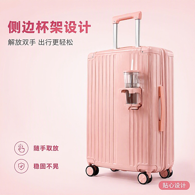 [主图-6] 侧边杯架功能展示图，粉色行李箱。
[氛围风格] 清新实用风，生活化场景感。
[画质] 商业摄影质感、光线柔和通透、产品清晰真实、画面干净高级。
[元素] 樱花粉竖条纹行李箱侧面展示，重点突出侧边杯架，杯架中放着一杯透明水杯（带吸管），展示杯架的承托功能与便利性。箱体占画面约60%，略偏右。浅粉色渐变背景，清新柔和。保持行李箱外观（即物理结构、材质质感、颜色）与输入产品图一致，杜绝任何变形和色差，精细化处理。水杯真实放置在杯架中，有接触支撑关系，无悬空。
[光影] 左上主光柔和打亮箱体与杯架，杯架与水杯有自然高光，底部柔和投影，整体清新明亮。
[配色] 主色樱花粉，背景浅粉渐变，点缀透明水杯的清新感，文字深粉+灰色。
[视角构图] 侧前视，产品偏右，左侧留出文案空间，画面满屏无边框。
[文字版式] 左上区域主标题「侧边杯架设计」，深粉色粗体大号字；副标题「解放双手 出行更轻松」灰色中号。底部两行卖点：「随手取放」「稳固不晃」，配小图标，深粉色中号字左对齐。右下角小标签「贴心设计」白字粉底圆角。
[输出要求] 1:1比例，文字清晰可辨，超高清商业摄影质感。
[负向提示词] 变形，文字错乱，产品图模糊，背景杂乱，水印，电商平台Logo。