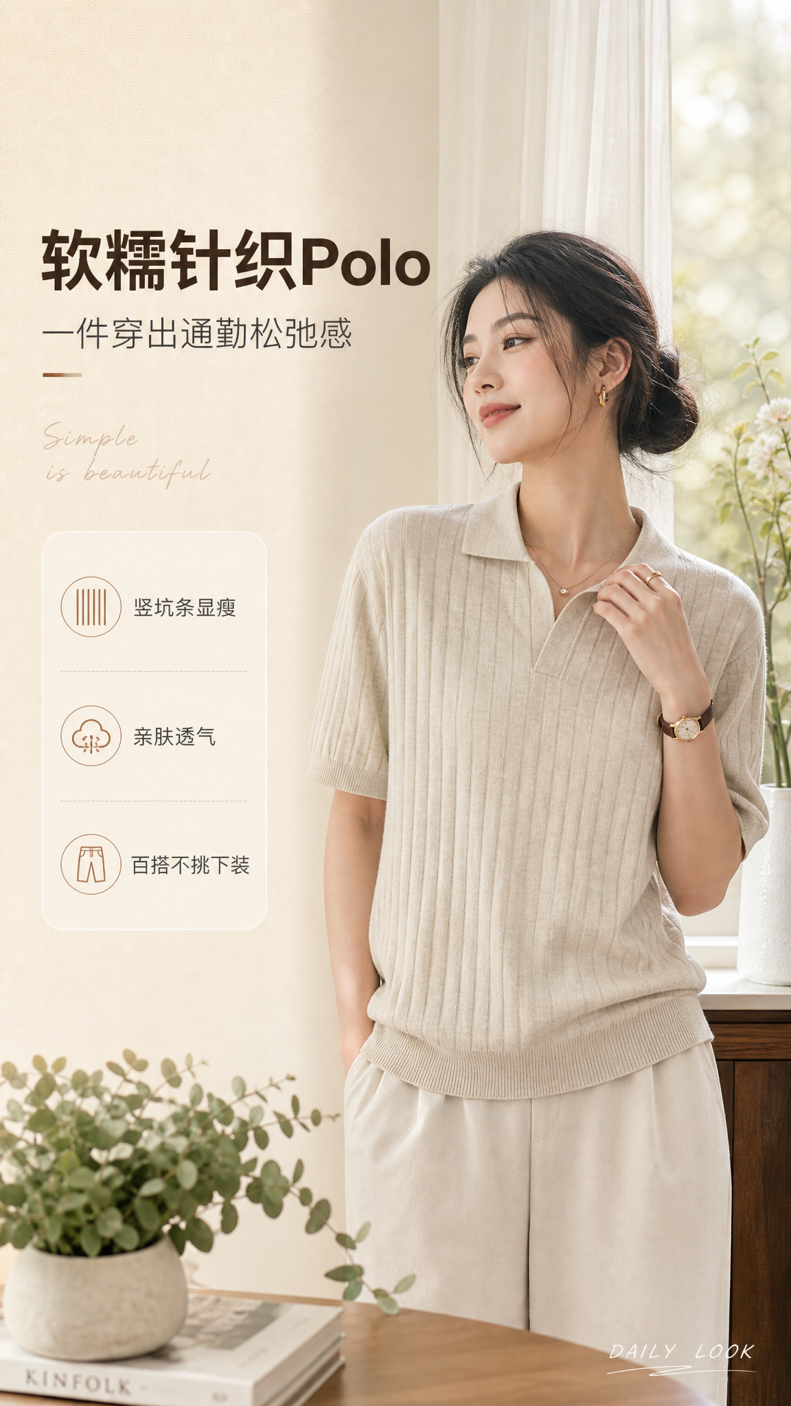 [商品] 使用【图1】燕麦米杏色竖坑条针织短袖Polo衫；商品… - 图片创意预览