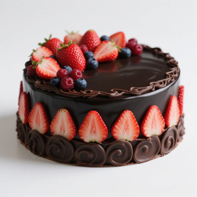 一个精美的草莓蛋糕，白色背景，蛋糕主体使用光滑细腻的黑巧克力替代原奶油材质，表面覆盖着新鲜饱满的红色草莓切片、深红色的小红莓和少量深蓝色的蓝莓，蛋糕侧面整齐排列着切片草莓，顶部和侧面边缘装饰有精致的巧克力花纹，整体呈现出浓郁的巧克力质感与鲜艳水果的对比，光影柔和，色彩真实，立体感强，细节清晰。预览效果