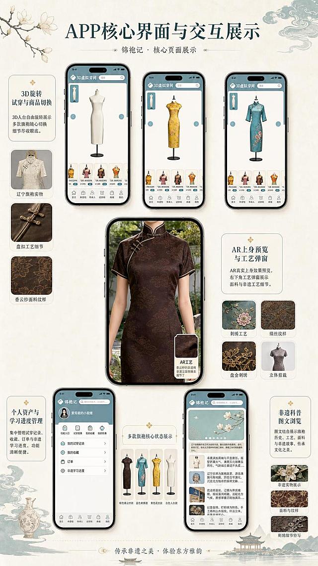 毕业设计UI作品展板，竖版9:16比例，副展板1，新中式国风，莫兰迪灰青蓝主色调，米白底色，浅暖黄点缀色。标题文字为"APP核心界面与交互展示"，模块化排版。大量iPhone手机样机错落排布，展示锦袍记APP全套核心页面：3D虚拟试穿间（白色人台款/黄色旗袍款/蓝色刺绣旗袍款/棕色暗纹旗袍款，底部均有商品缩略图列表）、AR试穿页面（棕色香云纱旗袍真人上身穿戴效果+AR工艺细节弹窗）、个人中心我的页面（爱剪裁的小裁缝用户头像+功能入口+我的试穿记录/我的收藏/订单/非遗学习进度列表）、科普馆页面（非遗旗袍图文卡片+盘扣工艺细节图）等。版面搭配小图展示辽宁旗袍非遗实物、盘扣工艺细节配图，圆角文本信息框标注每个页面功能说明，层次分明，大量留白，柔和卡片阴影。底部导航栏统一为首页/科普馆/传承人/试穿间/商城/我的。国风简约学术展板，平面视觉作品，8K高清，展览级画面。干净浅底色，简约排版，信息分区清晰，圆角卡片布局，柔和阴影，专业平面展板，学术竞赛风格，无杂乱元素，精致矢量质感，超高清晰度。禁止扭曲样机、禁止文字错乱，所有手机屏幕内容正常清晰，画面不要过度滤镜，写实平面展板效果，画面不要出现多余水印，构图稳定。