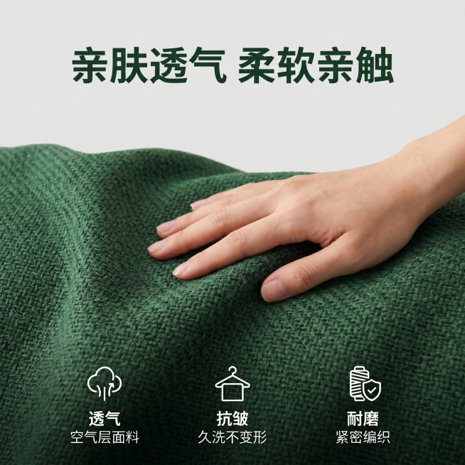 将图2的深绿色编织沙发布料纹理替换到图1中布料区域，保留图1的手的位置、上方文字"亲肤透气 柔软亲触"和底部三个图标及文字，背景保持浅灰色不变，整体光影和色调保持一致，更换后布料纹理和颜色与图2一致，预览效果