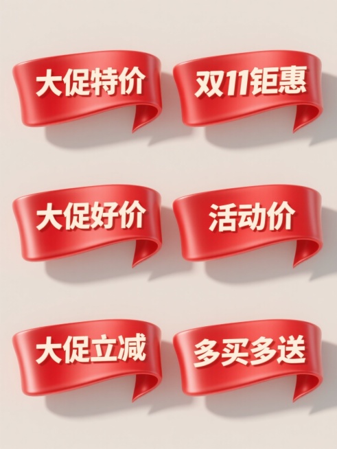 6个规整排布的促销标签素材，每张标签为单一纯色背景，分别包含"大促特价"、"双11钜惠"、"大促好价"、"活动价"、"大促立减"、"多买多送"文案，整体采用3D立体设计风格，具有光滑的红色缎面材质质感，边缘有自然卷曲效果，高光和阴影过渡柔和，呈现出明亮的光线照射效果，色彩饱满鲜艳，构图对称平衡，每个标签独立清晰，视觉层级分明，信息传达直接高效，符合促销活动的宣传目的。预览效果