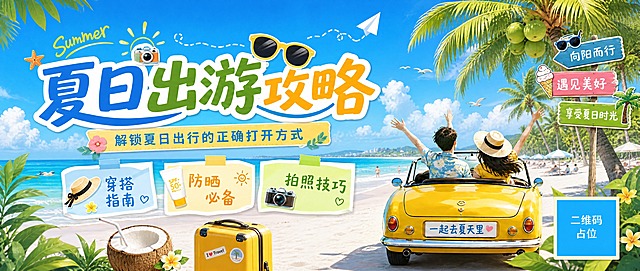 将背景场景改为广西北海银滩海滨风光，画面中增加椰子树和椰子元素，保留原有的夏日出游攻略主题、文字内容、版式布局和整体风格。右侧海边公路场景替换为北海银滩标志性的白色沙滩、蓝色大海和椰子树，椰子树上挂着椰子。整体保持清新夏日风格，明亮活泼的色调。