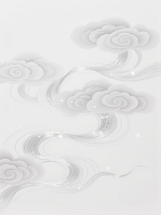 一幅清新干净的中国风背景素材，纯净白色背景上，银色丝线编织出层层舒展、悠然漫卷的流云形态，云絮似轻盈团块飘浮，闪烁着细微光点与柔和的卷曲线条，运用写意画的洒脱笔触和韵律感，整体营造出空灵、淡雅、具东方意境的视觉效果。