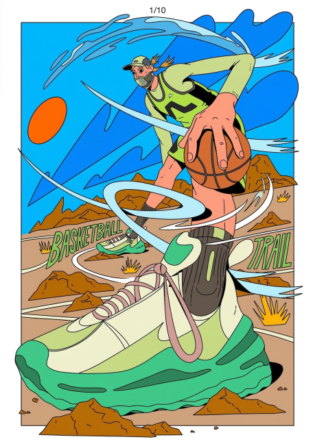 参考上传图片的夸张扁平涂鸦插画风格，粗黑轮廓线，高饱和明亮色块，人物肢体比例夸张拉长，绘制一个男生正在打篮球，带有动感线条装饰，同风格户外背景，保持A4尺寸预览效果