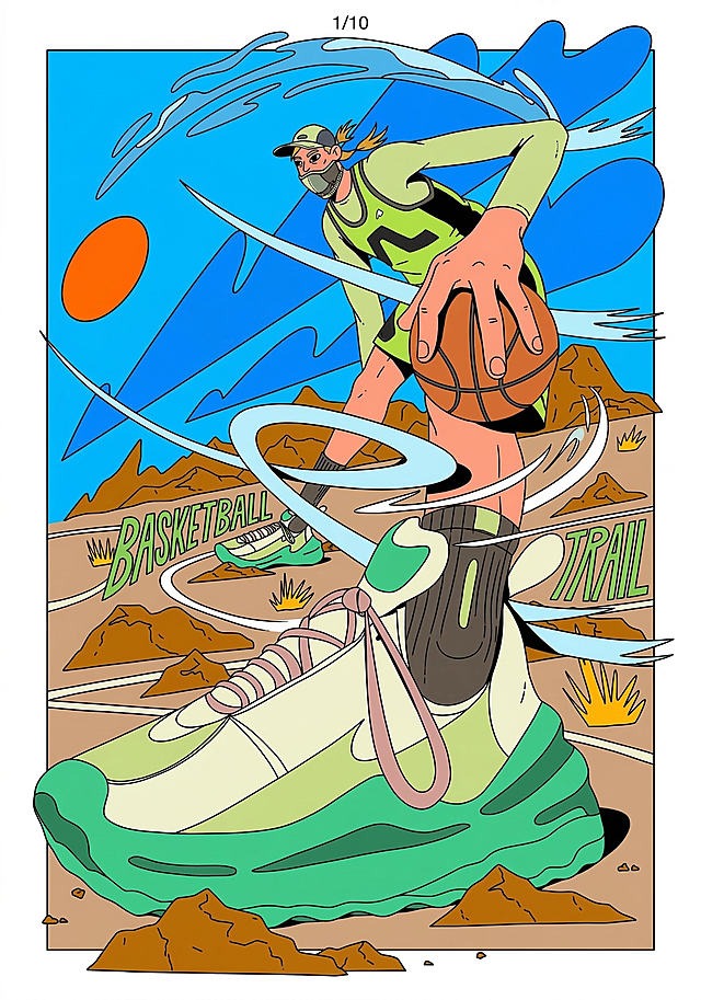参考上传图片的夸张扁平涂鸦插画风格，粗黑轮廓线，高饱和明亮色块，人物肢体比例夸张拉长，绘制一个男生正在打篮球，带有动感线条装饰，同风格户外背景，保持A4尺寸