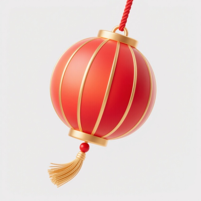 一个软3D风格的红色传统灯笼，灯笼主体呈圆形，表面有金色的竖条纹装饰，顶部和底部为金色的环形边框，顶部连接着红色的悬挂绳，底部悬挂着金色的流苏，流苏末端有红色的装饰球，整体色彩为鲜艳的红色和金色渐变，光影柔和，灯笼微微倾斜，立体感强，背景为纯白色。预览效果