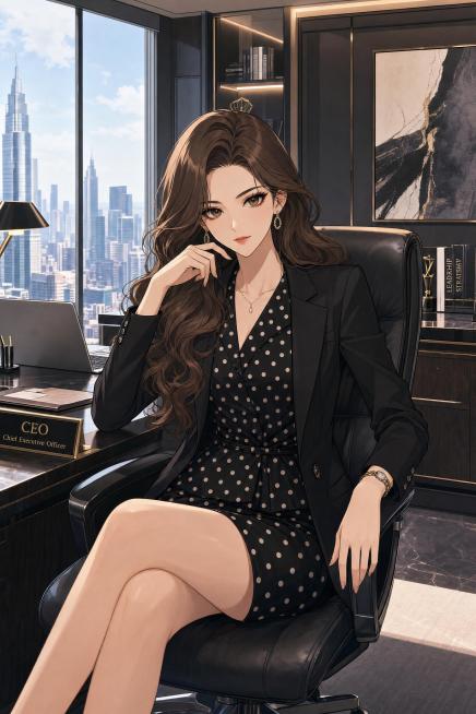 把图中女总裁改为漫画风格，替换背景为现代高端总裁办公室，保留人物穿着黑西装波点套裙、大波浪棕发的特征预览效果