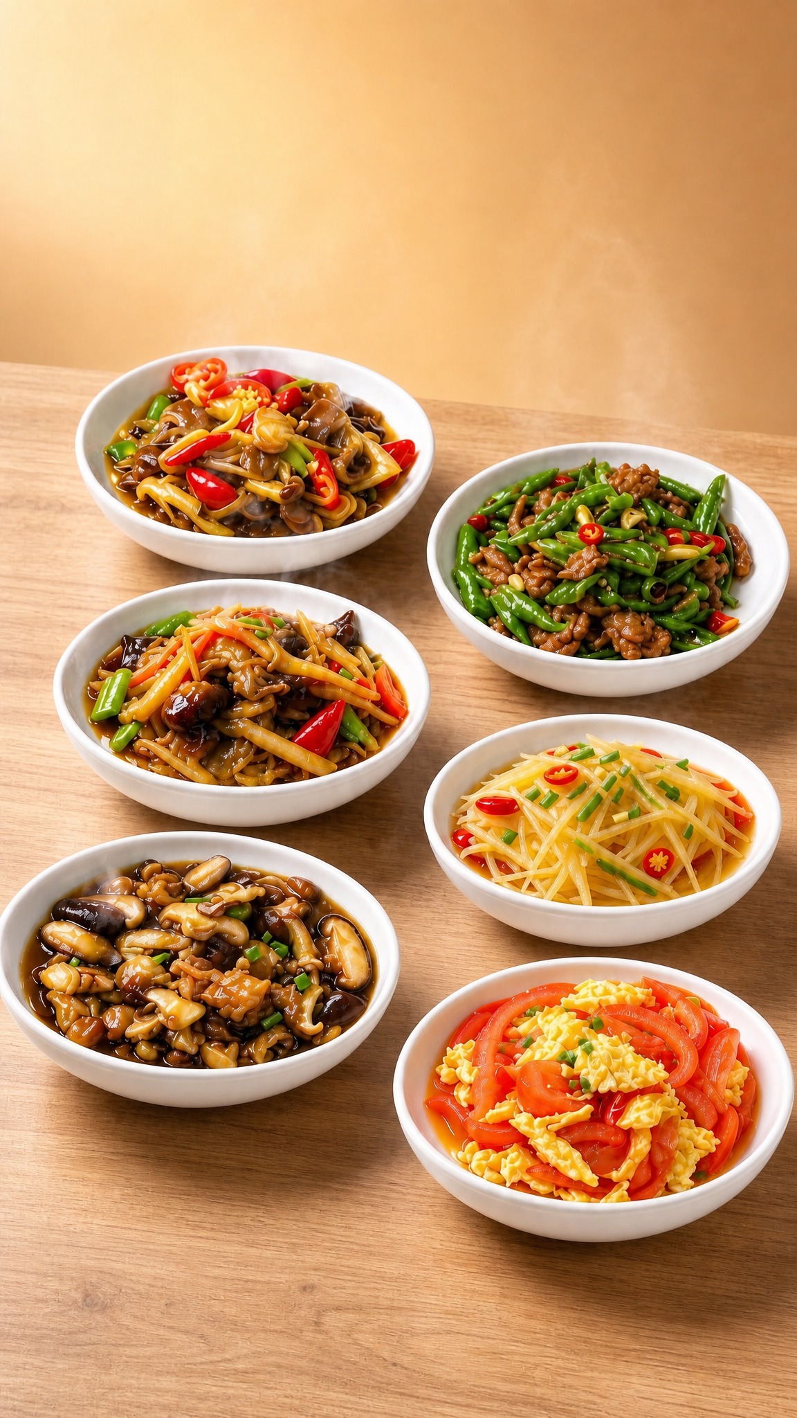 基于这张6碗菜品的图片进行修改：保留6碗菜品和白碗不变，菜品的… - 图片创意预览