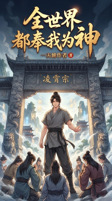 基于图中男主生成9:16比例的漫剧封面，背景为古风宗门山门场景，非纯白色背景，男主在画面中，体现宗门风格，顶部添加大字标题《全世界都奉我为神》，男主和宗门场景有互动，古风漫画风格，氛围感强预览效果