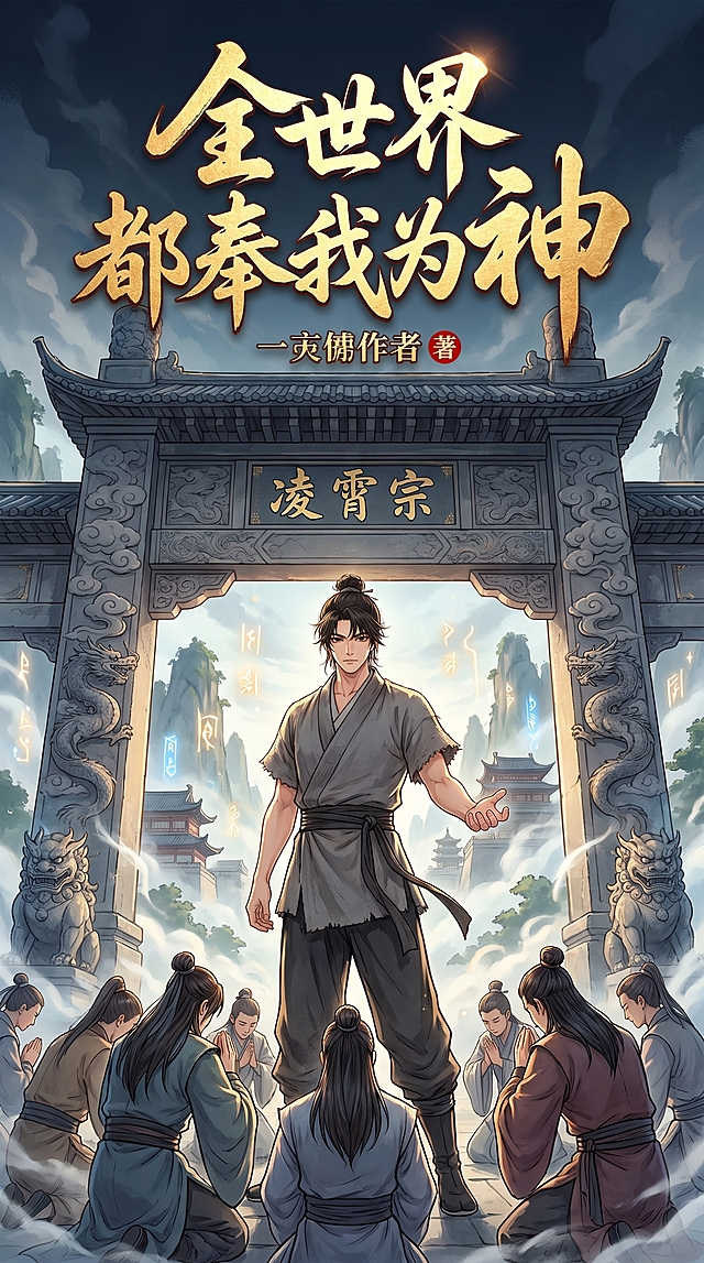 基于图中男主生成9:16比例的漫剧封面，背景为古风宗门山门场景，非纯白色背景，男主在画面中，体现宗门风格，顶部添加大字标题《全世界都奉我为神》，男主和宗门场景有互动，古风漫画风格，氛围感强