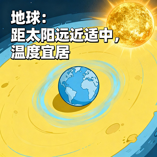 根据以下描述，生成卡通图片：
第1张图：为什么生命能够在地球生存？因为地球离太阳不远也不近，刚刚好可以让我们觉得不会太冷，也不会太热。
第2张图：而且就像我们之前看到的，地球最外面有厚厚的大气层，就像一层很厉害的盔甲在保护着地球，把很多的太阳辐射都拦在了外面。此外这层盔甲也能够保存足够的热量，防止地球的气温突然急剧变冷.
第3张图：还有我们呼吸需要氧气，渴了就要喝水，我们生存需要的东西地球都可以提供给我们，所以大家现在知道地球为什么会存在生命了吗？是的。