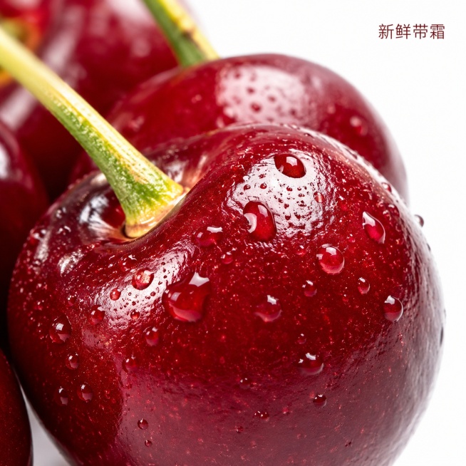 [主图-3] 邯山区大樱桃微距细节展示，突出表面质感
[氛围风格] 微距实拍，突出新鲜质感
[画质] 商业摄影质感、光线柔和通透、产品清晰真实、画面干净高级，高清无水印
[元素] 微距镜头放大展示大樱预览效果