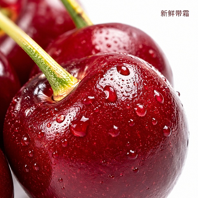 [主图-3] 邯山区大樱桃微距细节展示，突出表面质感
[氛围风格] 微距实拍，突出新鲜质感
[画质] 商业摄影质感、光线柔和通透、产品清晰真实、画面干净高级，高清无水印
[元素] 微距镜头放大展示大樱桃果皮纹理，清晰展示果皮光泽和真实细密纹理，果实表面挂着晶莹水珠，更显新鲜。保持大樱桃原有颜色和质感，精细化处理。主体占比约75%，纯白背景，突出细节。
[光影] 侧光拍摄，突出果皮纹理和水珠立体感，高光清晰层次分明。
[配色] 纯白背景突出深红樱桃主体，色彩对比强烈。
[视角构图] 微距特写，聚焦樱桃表皮细节。
[文字版式] 右上角小字标注"新鲜带霜"，字体小巧不遮挡主体细节。
[比例分辨率] 1:1 比例，2048px*2048px，文字清晰可辨，超高清。
[负向提示词] 变形，文字错乱，产品图模糊，背景杂乱，水印，电商平台Logo