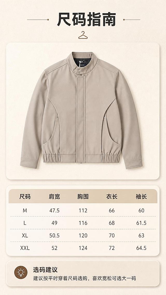 [商品] 使用【图1】卡其色立领男士行政夹克；商品处理：保留立领、按扣门襟、弧形口袋、松紧下摆、整体版型和卡其色；自然去皱，呈现平整平铺效果，不改变版型结构。
[画面] 目标为尺码信息页，辅助下单决策；上下构图，上方为夹克正面平铺展示占画面约40%，下方为尺码表格与选码建议；背景为浅米色细腻纸张质感，搭配简约卡片式排版，信息清晰。
[视觉] 套系策略：风格=高级通勤商业摄影风；标题字=现代无衬线粗体中文；正文字=简洁无衬线体；主色=卡其米杏；背景延展=基于卡其米杏做深浅层级、同色渐变和细腻哑光墙面/纸张质感；强调色=深棕咖，仅用于小面积图标、引线和标签；标题色=深炭灰；正文色=中暖灰；组件=圆角浅底信息卡、细线引线；光影=左前侧暖柔光，自然柔和阴影。
[文字] 顶部主标题「尺码指南」，下方表格含尺码、肩宽、胸围、衣长、袖长字段（用M/L/XL/XXL示例，数值用约值表达），底部加选码建议：「建议按平时穿着尺码选购，喜欢宽松可选大一码」；文字全部横排，清晰易读。
[规格] 图片比例9:16竖版，2K分辨率，避免变形、错字、文字过小、冷蓝背景、颜色版型失真、虚构精确参数。