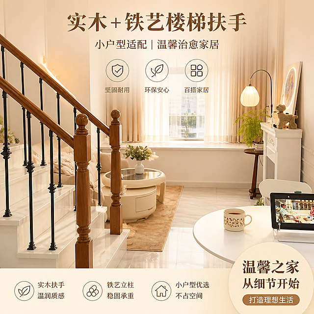 实木+铁艺楼梯扶手，小户型适配，温馨舒适家居治愈风，淘宝电商主图，1:1构图