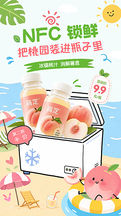 NFC桃汁夏日感卡通趣味促销海报