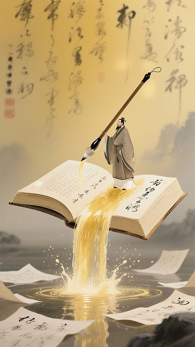 混合细腻彩铅质感的低饱和黄色系渐变背景图。悬浮特写一本摊开的巨大草书书本，一个夫子站在书上拿着巨型毛笔，书上倾泻出金黄色的水流（像瀑布一般）。后景是泛黄的草书文字，底部散落许多草书纸张。