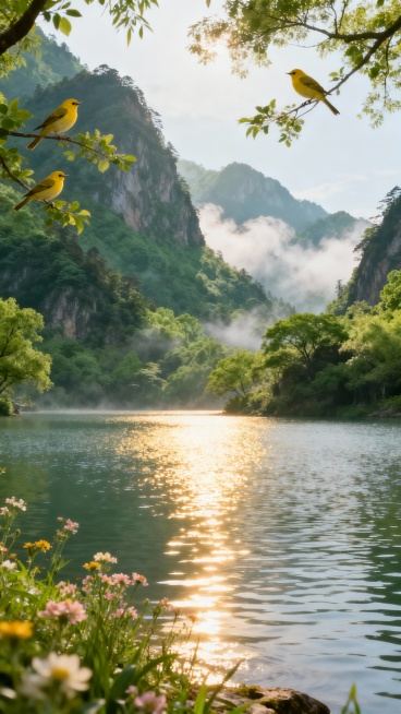 古风优美干净的描写"莺啼山绿"的山水画波光粼粼，实景，电影感预览效果