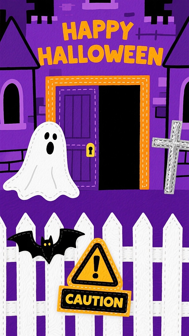 万圣节古堡门口，门口写着“HAPPY HALLOWEEN”，古堡围栏后立着一个警示牌，上面写着“CAUTION”，点缀幽灵、蝙蝠、十字架元素，紫色背景