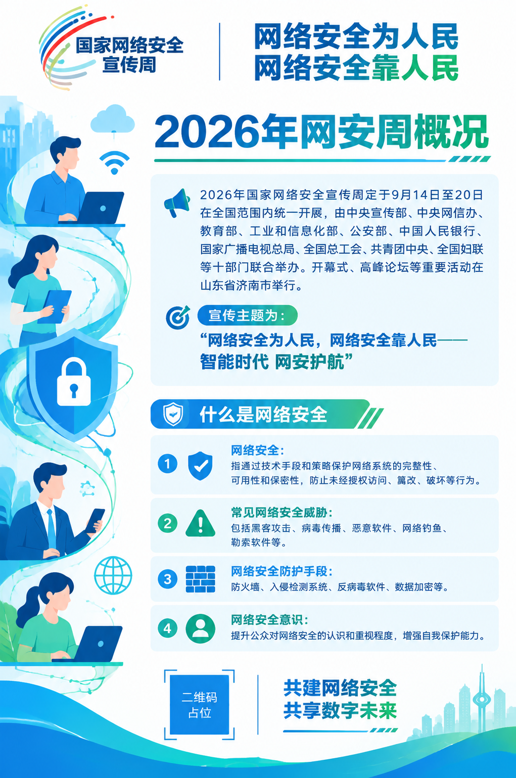 国家网络安全宣传周官方竖向科普展板海报，扁平化矢量插画风格，深… - 图片创意预览