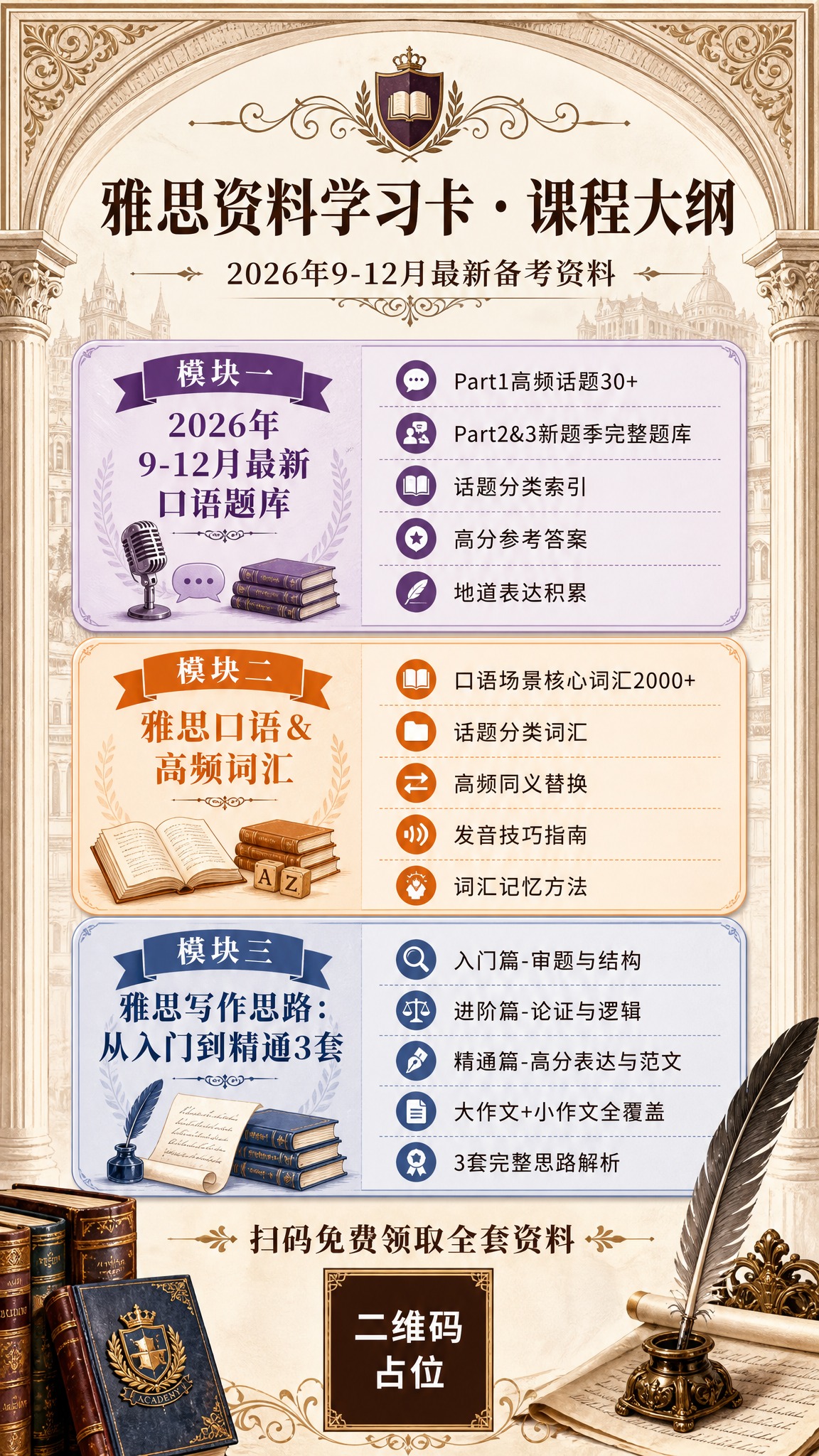 一张竖版9:16雅思资料学习卡课程大纲图，欧式学院复古风格，专… - 图片创意预览