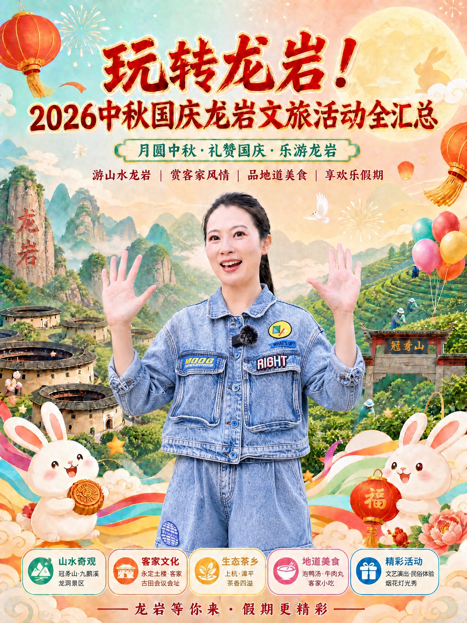 在这张中秋国庆龙岩文旅活动海报上，只修改人物服装：将海报中女生… - 图片创意预览
