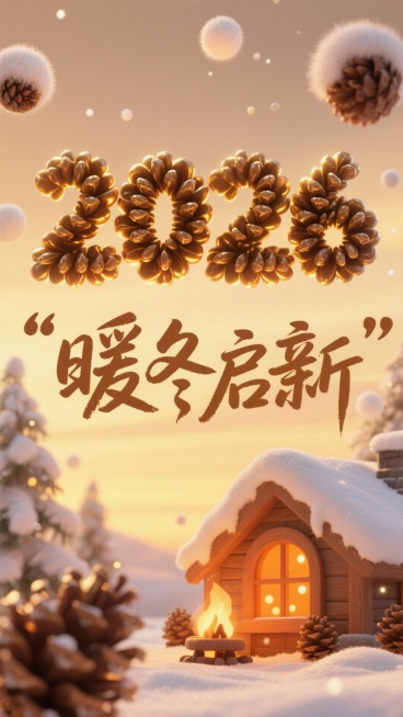 画面中央是暖金松果字 “2026”，下方搭配焦糖色手写字体 “暖冬启新”，背景是浅棕黄渐变的黄昏天幕，点缀着发光的毛绒雪球装饰，底部还有围炉小屋的暖橙窗灯光斑预览效果