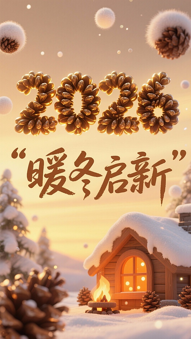 3D重拟物风结合油画质感，松果数字与雪屋暖光营造温馨梦幻的冬日场景，浮雕式文字传递“暖冬启新”节日氛围。