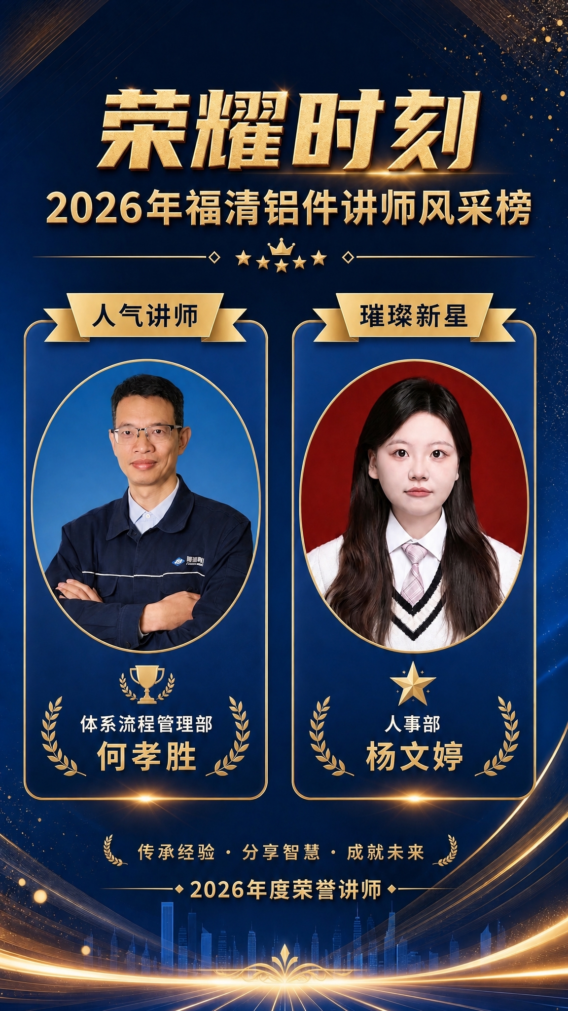 基于这张讲师风采榜海报进行修改，保持整体蓝金色调、简约大方的风… - 图片创意预览