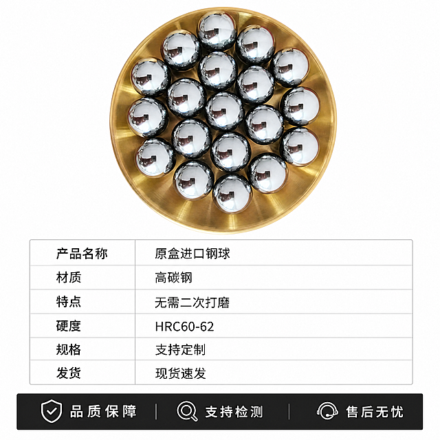 [主图-5] 产品规格参数与发货背书
[氛围风格] 规整清晰，专业可信
[画质] 高清商业展示，信息清晰易读
[元素] 进口钢球满盘陈列在金色托盘，放在画面中部偏上，保持产品外观与原图一致，下方留出参数区域。背景纯白色，整体风格和前四张统一，商品主体占比约60%
[光影] 均匀柔光，产品和文字都清晰展示，明暗均匀
[配色] 纯白背景，黑色参数文字，整体配色和前四张统一
[视角构图] 上产品下参数的三段式构图，信息层级清晰
[文字版式] 下方放置参数表格，包含：产品名称原盒进口钢球、材质高碳钢、特点无需二次打磨、硬度HRC60-62、规格支持定制、发货现货速发；表格线条浅灰色，文字黑色清晰，左对齐排版。最底部深色背书条，白色文字“品质保障 支持检测 售后无忧”，不占用主体空间
[比例分辨率] 1:1比例，4k分辨率；文字清晰锐利，画面超高清
[负向提示词] 变形，水印，文字错乱，参数模糊，背景杂乱，表格错位