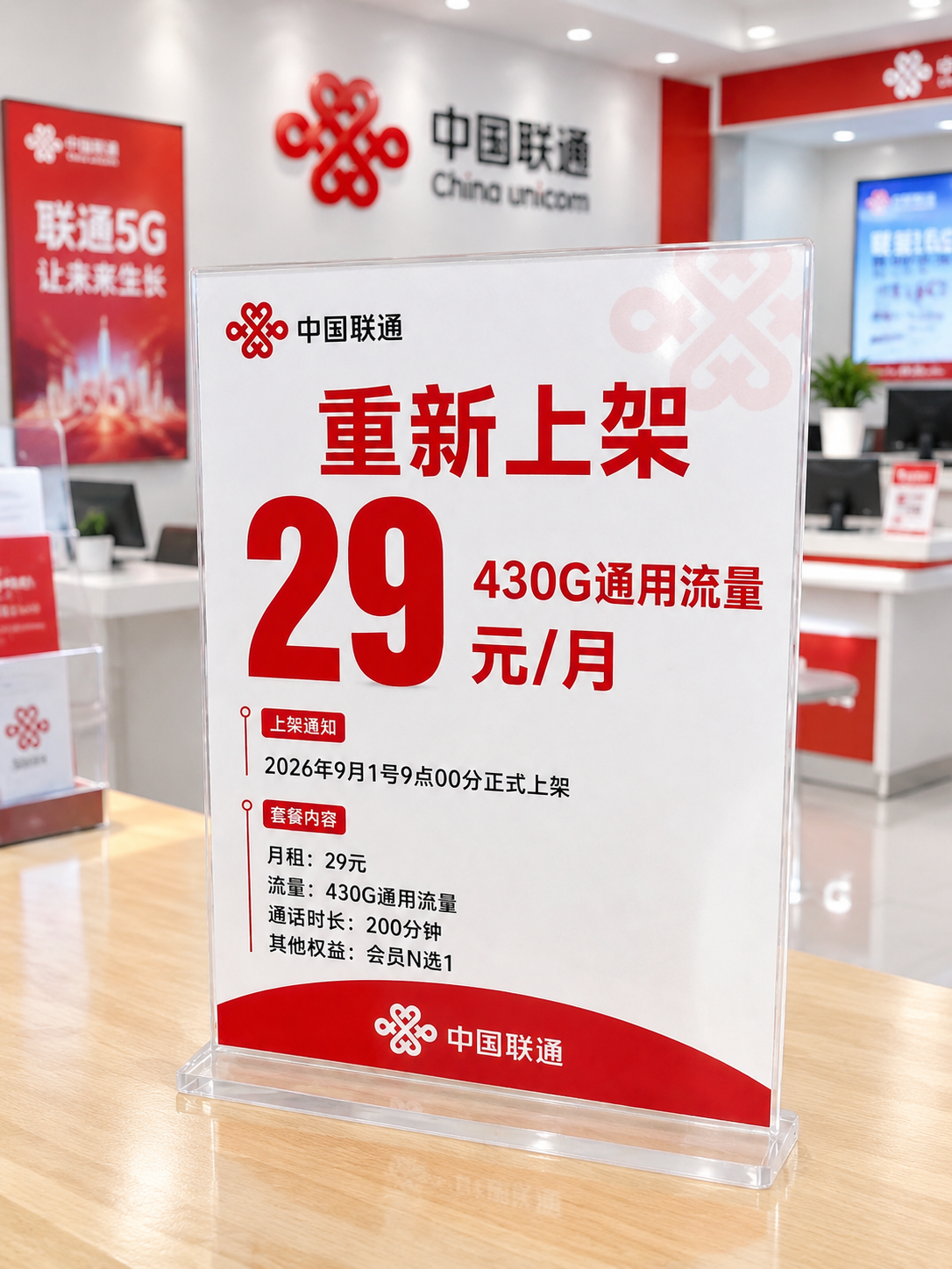 将背景替换为中国联通营业厅门店场景，保留亚克力台卡立牌产品本体… - 图片创意预览