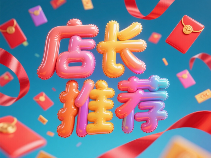 “店长推荐”的充气大字，背景促销感，有红包彩带预览效果