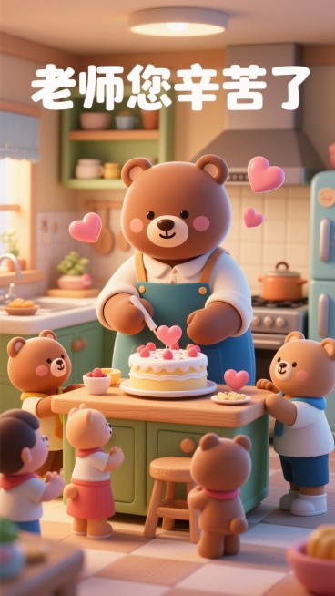 3D治愈卡通风格，家庭厨房场景，棕熊教师穿着围裙正在制作蛋糕，小熊学生围绕在周围互动，画面中包含爱心元素和“老师您辛苦了”文字，整体呈现暖光温馨氛围，色彩柔和，细节丰富预览效果