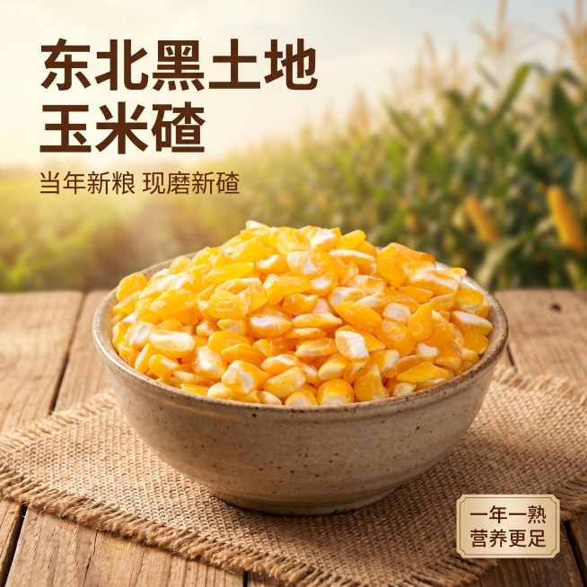 [主图 1] 产品展示首图，东北黑土地玉米碴场景图。
[氛围风格] 接地气农家烟火风，原生态质朴风，自然温暖
[画质] 商业摄影质感、光线柔和通透、产品清晰真实、画面干净高级
[元素] 一碗颗粒饱满的预览效果