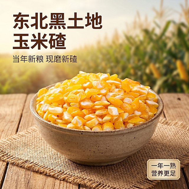 [主图 1] 产品展示首图，东北黑土地玉米碴场景图。
[氛围风格] 接地气农家烟火风，原生态质朴风，自然温暖
[画质] 商业摄影质感、光线柔和通透、产品清晰真实、画面干净高级
[元素] 一碗颗粒饱满的玉米碴摆放在农家木质餐桌中央，玉米碴色泽金黄透亮，背景是模糊的东北黑玉米田和暖黄自然光，搭配粗陶碗和粗麻布餐垫，营造农家烟火氛围。保持玉米碴产品外观、物理结构、材质质感、颜色与输入产品图绝对一致，杜绝任何变形和色差，精细化处理。商品主体占比严格控制在65%左右，画面满屏无边框。
[光影] 自然暖阳从侧前方照射，突出玉米碴颗粒的通透感，背景玉米田有柔和的逆光光晕，整体光影温暖通透，层次感分明
[配色] 主色调为玉米金黄色，辅助色为原木色和暖黄色，整体配色质朴温暖
[视角构图] 平视视角，景深适中，产品居中构图，轮廓完整不裁切
[文字版式] 左上负空间左对齐留安全边距，大字文案写"东北黑土地 玉米碴"，深棕色最大号粗体质朴字体；下方辅助文案写"当年新粮 现磨新碴"，字体缩小一半；右下角小标签写"一年一熟 营养更足"；文字不遮挡主体，清晰易读
[比例分辨率] 1:1 比例，2k 分辨率；文字清晰锐利，画面超高清
[负向提示词] 变形，水印，文字错乱，产品图模糊，背景杂乱，配色刺眼