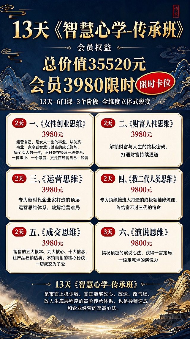 一张高端课程招生海报，竖版9:16，藏蓝金东方奢华风格。藏蓝色渐变背景，香槟金文字，中式山水、祥云纹装饰，优雅大气。画面从上到下布局：顶部主标题："13天《智慧心学-传承班》"香槟金立体字；副标题："会员权益"白色小字；核心价格区："总价值35520元  会员3980限时卡位"，香槟金大字，红色椭圆标签；数据说明："13天-6门课-3个阶段-全维度立体式蜕变"白色小字。中部六门课程卡片，白底金边圆角矩形，每张包含：红色椭圆天数标签、序号+课程名（藏蓝色粗体）、价格（红色）、完整课程注解（黑色小字）：
一、《女性创业思维》2天 3980元：经营自己，是女人一生的事业，从关系、事业、家庭到智慧与财富的成长修炼，每个女人的一生，不只是在经营一段关系、一份事业、一个家庭，更是在经营自己--经营
二、《财富人性思维》2天 3980元：解锁财富与人生的终极密码，打通财富持续通道
三、《运营思维》2天 3980元：专为新时代企业家打造的顶层运营思维体系，破解经营难局
四、《救二代人类思维》2天 9800元：专为顶级接班人打造的终极领袖修炼课，终结富不过三代的宿命
五、《成交思维》2天 3980元：销售的五大根本、九大核心、十大信念，让产品狂销热卖，不销而销的核心秘诀，一切成交为了爱
六、《演说思维》3天 9800元：揭秘顶级的演说心法，获得一言定局，一语定乾坤的演说力
底部品牌宣言区，金色山峦背景："13天《智慧心学-传承班》""是市面上极少数、真正能够改心、改运、改气场、改人生底层程序的高阶传承体系，也是导师速成和企业经营的至高心法。"白色小字。所有文字一字不漏完整呈现，无二维码。版式精美，高端大气上档次，2K超清。