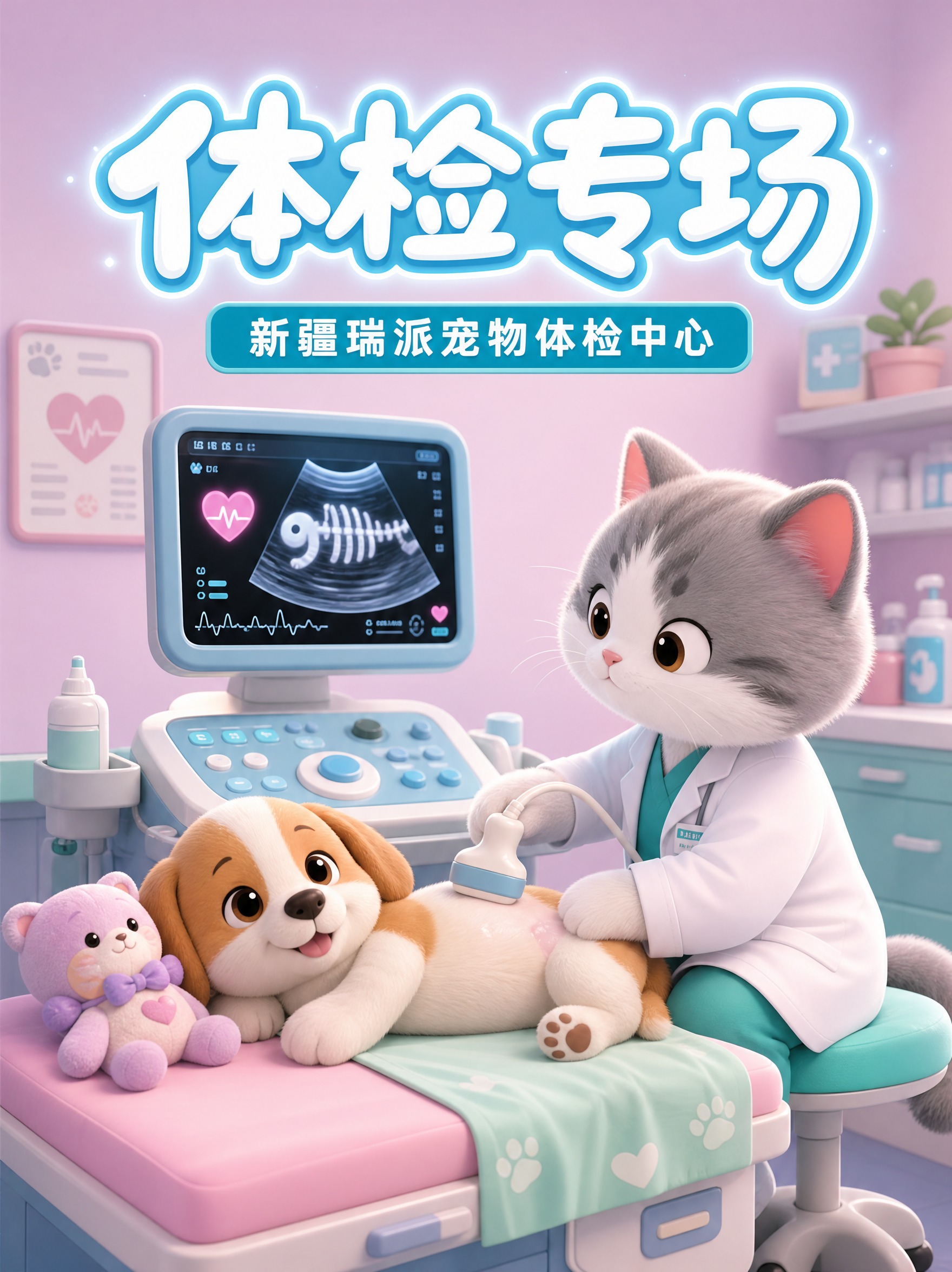 [主图-4] 猫咪医生为小狗做B超影像检查的场景图，展示专业设… - 图片创意预览