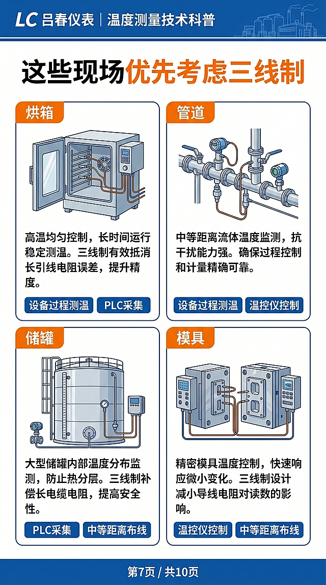 竖版9:16工业技术科普信息图，白色背景，蓝色为主色、橙色为强调色，顶部统一品牌页眉“LC 吕春仪表｜温度测量技术科普”，右上角浅蓝工业建筑线稿，底部蓝色页脚写页码“第7页 / 共10页”。整体风格专业、现代、干净，类似成熟工业仪表公司技术手册。主标题: “这些现场优先考虑三线制”，四宫格布局四个卡片：烘箱、管道、储罐、模具，四个标题为橙色。添加标签文字：设备过程测温、PLC采集、温控仪控制、中等距离布线。文案控制在2-3行，所有中文必须清晰准确，不要乱码，不要水印。